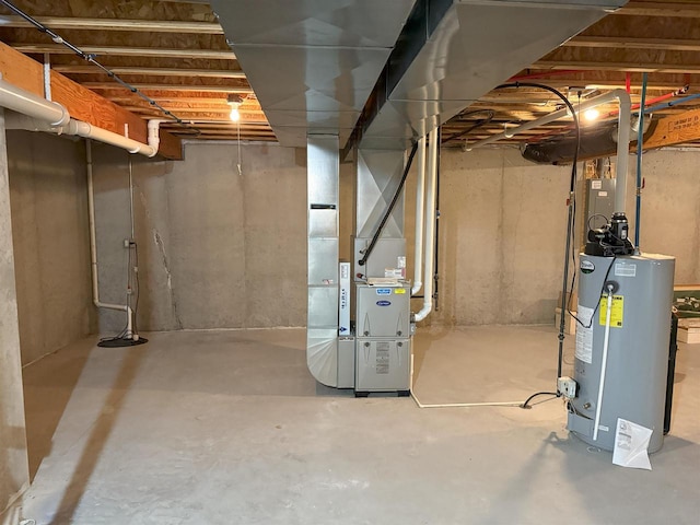 unfinished basement with heating unit and water heater