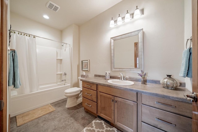 full bath with toilet, visible vents, shower / bathtub combination with curtain, and vanity