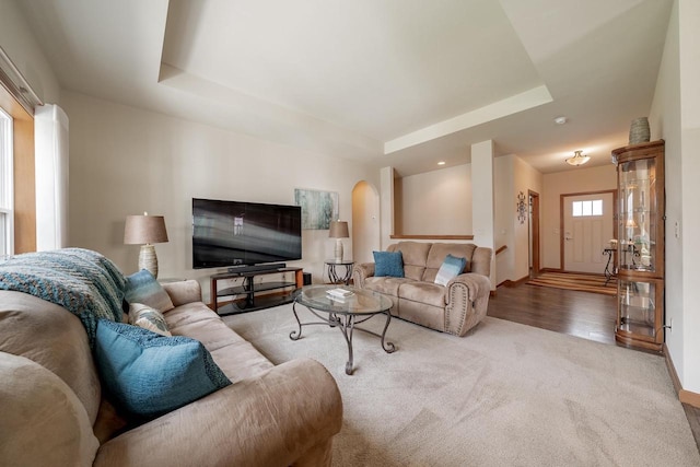 living area featuring wood finished floors, baseboards, a raised ceiling, arched walkways, and carpet flooring