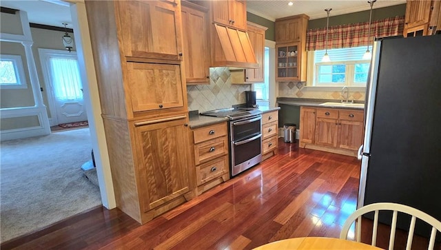 422 W Columbia St, Chippewa Falls, WI 54729 - kitchen with decorative backsplash, appliances with stainless steel finishes, a sink, premium range hood, and ornamental molding