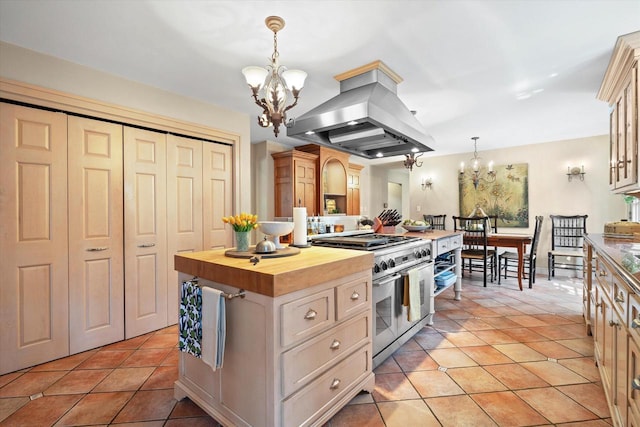 19425 Killarney Way, Brookfield, WI 53045 - kitchen with wood counters, an inviting chandelier, double oven range, and island range hood