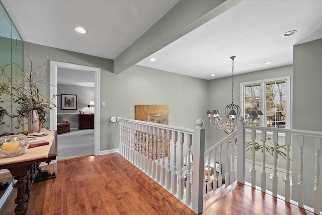 19425 Killarney Way, Brookfield, WI 53045 - corridor featuring an inviting chandelier, recessed lighting, baseboards, an upstairs landing, and wood finished floors