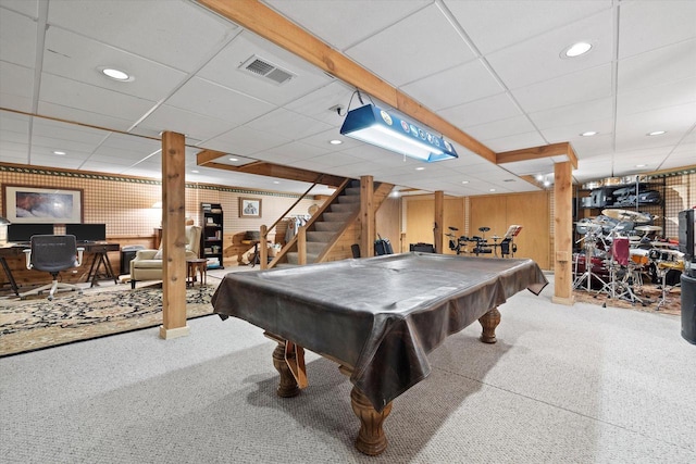 19425 Killarney Way, Brookfield, WI 53045 - recreation room featuring visible vents, carpet floors, recessed lighting, a paneled ceiling, and pool table