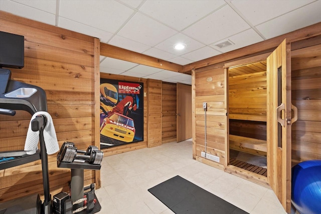 19425 Killarney Way, Brookfield, WI 53045 - exercise room featuring wooden walls, visible vents, and a paneled ceiling