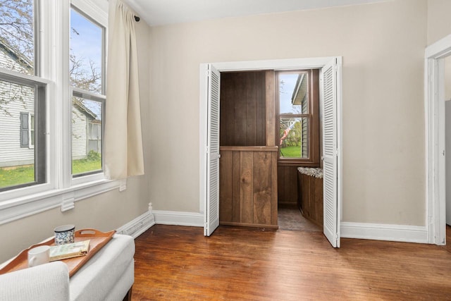 interior space featuring plenty of natural light, baseboards, and wood finished floors