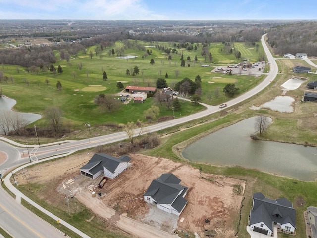 aerial view featuring a water view and golf course view