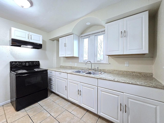 5870 N 72nd St, Milwaukee, WI 53218 - kitchen with black range with electric stovetop, a sink, light countertops, white cabinets, and under cabinet range hood