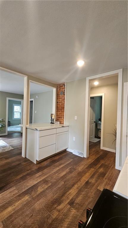 10039 State Highway 27, Hayward, WI 54843 - interior space featuring light countertops, a textured ceiling, dark wood finished floors, white cabinetry, and visible vents