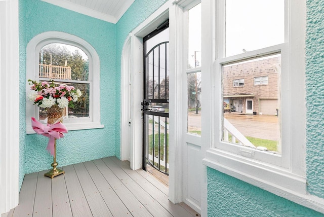 1221 S Madison St, Appleton, WI 54915 - entryway with crown molding, a textured wall, and hardwood / wood-style flooring