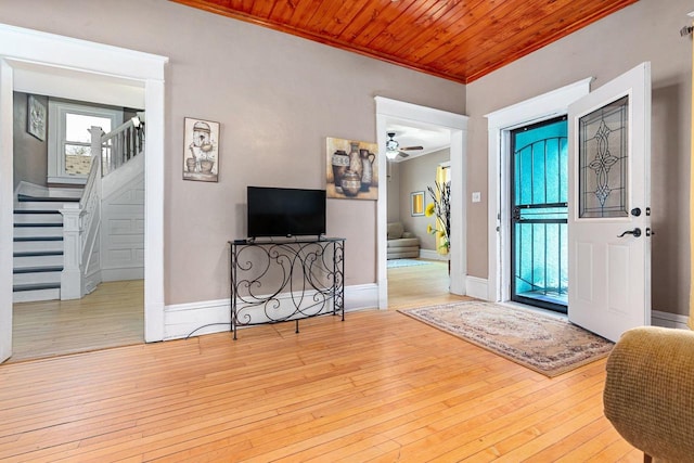 1221 S Madison St, Appleton, WI 54915 - entryway with a ceiling fan, crown molding, baseboards, stairs, and hardwood / wood-style floors