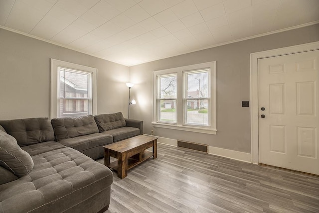 living area featuring crown molding, a healthy amount of sunlight, and light wood-style flooring
