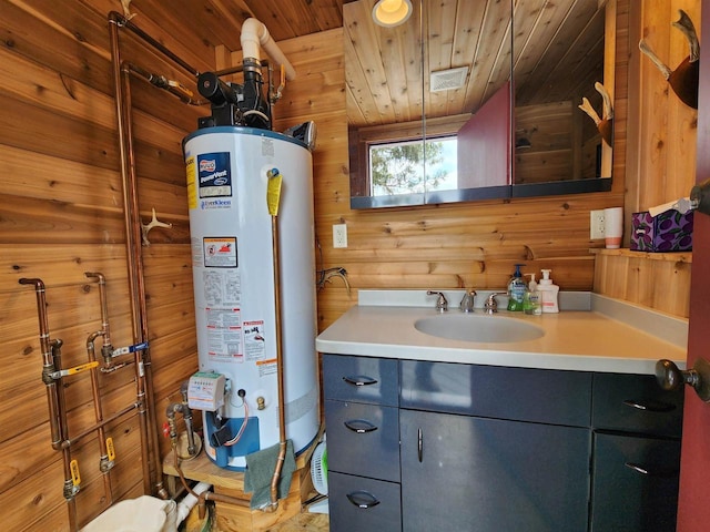 26297 State Highway 60, Lone Rock, WI 53556 - bathroom featuring wooden ceiling, vanity, gas water heater, and wood walls