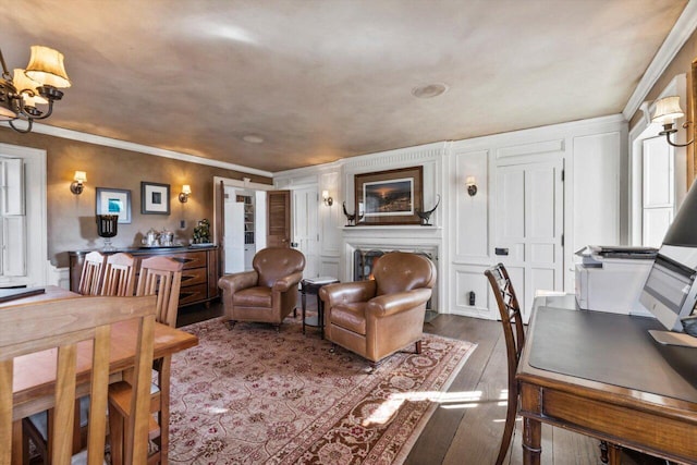 living room with crown molding and dark wood-type flooring
