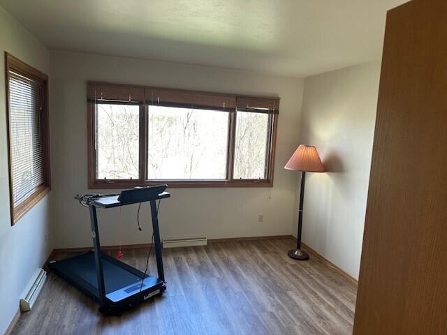 workout area featuring a healthy amount of sunlight, a baseboard heating unit, and wood finished floors