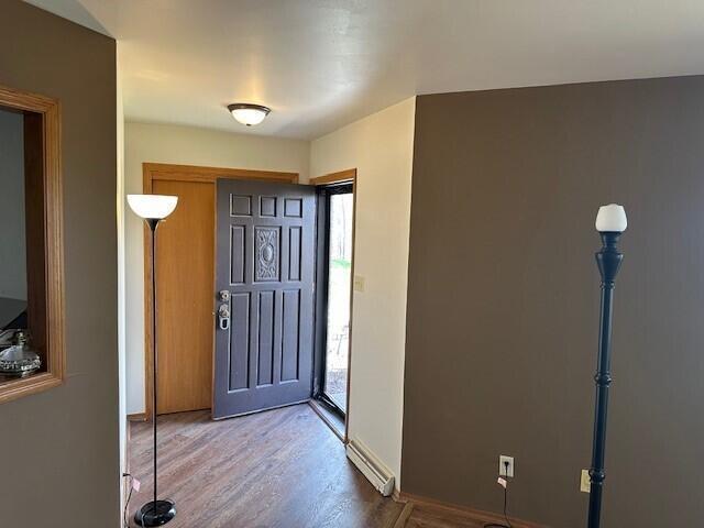 entrance foyer with baseboards and wood finished floors