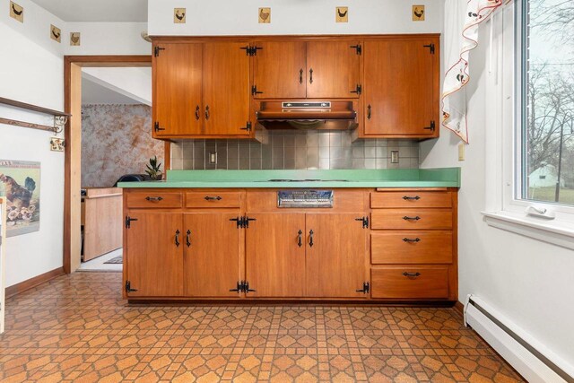 901 E Grant St, Appleton, WI 54911 - kitchen with light countertops, a baseboard radiator, backsplash, and under cabinet range hood