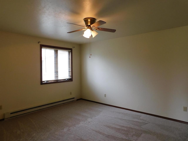 empty room with baseboards, ceiling fan, baseboard heating, and light carpet