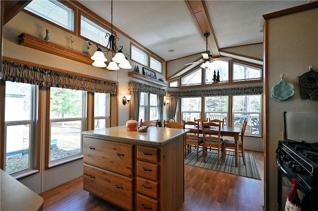 kitchen featuring black range with gas stovetop, beam ceiling, a wealth of natural light, and ceiling fan