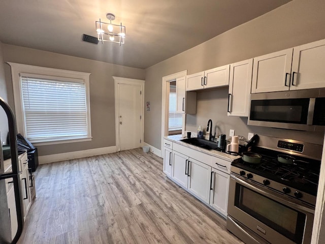 kitchen featuring baseboards, white cabinetry, a sink, light wood-style flooring, and appliances with stainless steel finishes