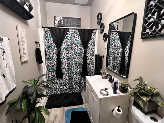 full bathroom with vanity, wood finished floors, and a shower with shower curtain