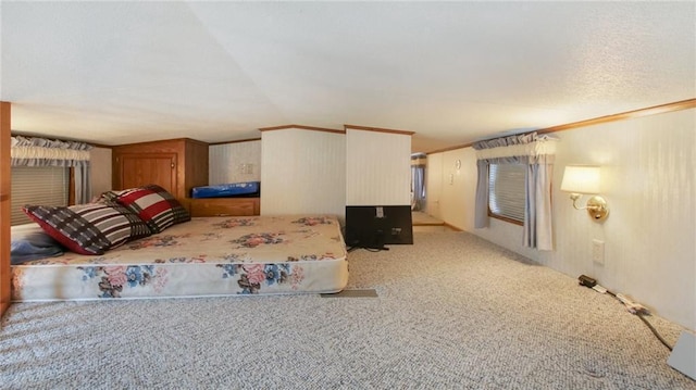 bedroom with crown molding, light carpet, and lofted ceiling