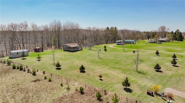 view of yard with a wooded view, an outdoor structure, and a shed