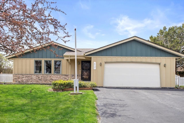 single story home featuring board and batten siding, driveway, a front yard, a garage, and fence