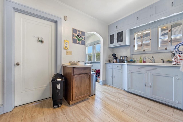 2562 N 68th St Unit 2564, Wauwatosa, WI 53213 - kitchen with ornamental molding, light countertops, a sink, arched walkways, and glass insert cabinets