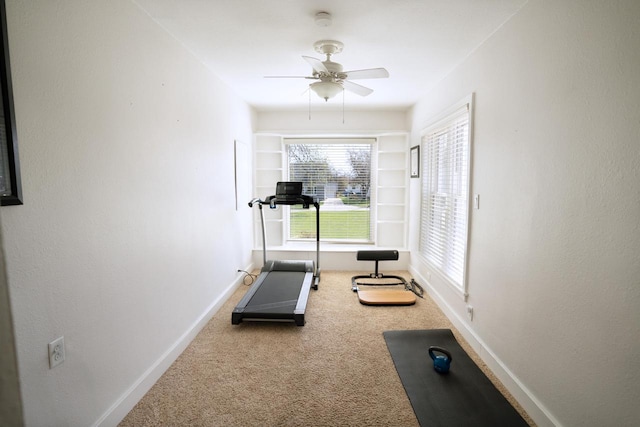 workout area with baseboards, plenty of natural light, carpet, and ceiling fan