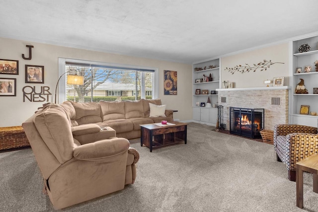 carpeted living room featuring crown molding, built in features, baseboards, and a fireplace