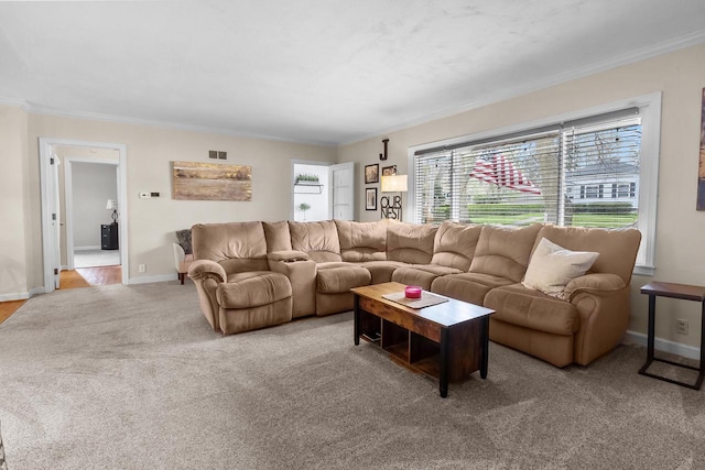 carpeted living area featuring crown molding, baseboards, and visible vents
