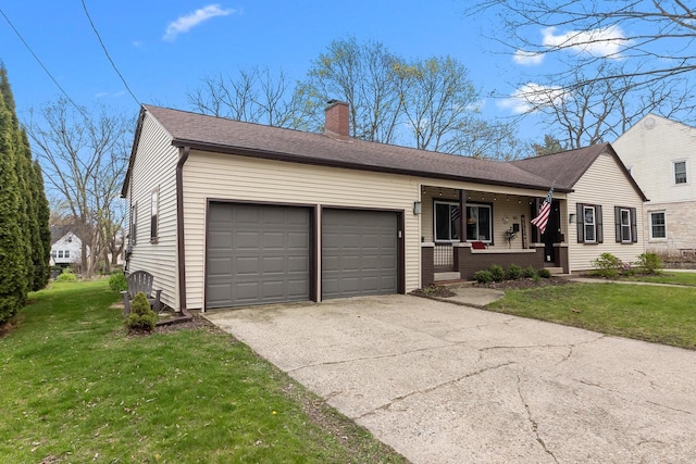 view of front of home with an attached garage, a front yard, covered porch, and a chimney