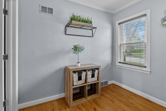 interior details with baseboards, visible vents, and wood finished floors