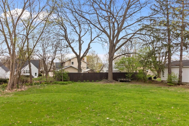 view of yard featuring fence and a residential view