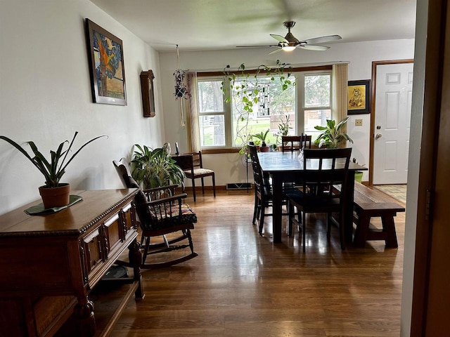 dining area with a ceiling fan and dark wood finished floors