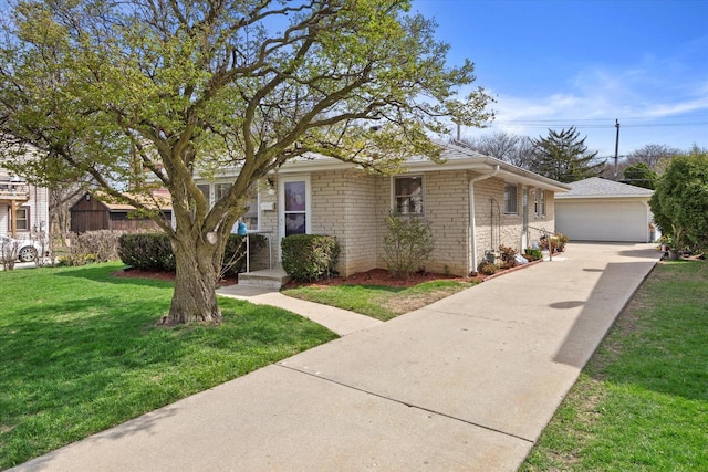 ranch-style house with an outdoor structure, a front lawn, brick siding, a shingled roof, and a detached garage