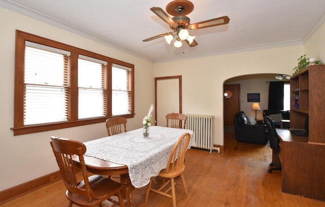 dining room featuring crown molding, radiator, light wood-style floors, ceiling fan, and arched walkways
