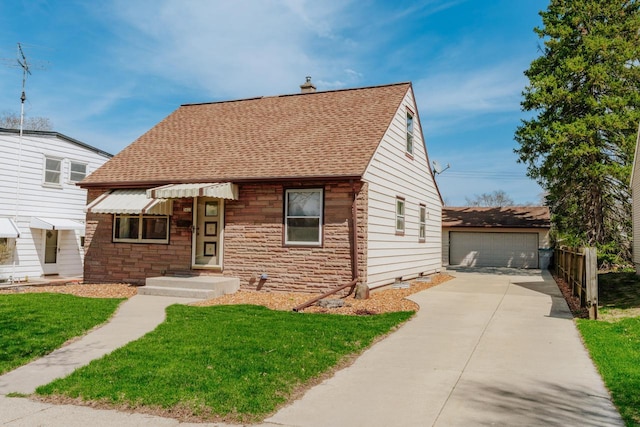 view of front of property featuring a chimney, a shingled roof, stone siding, and a front lawn