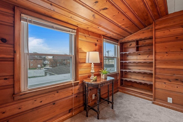carpeted office space featuring wood walls and vaulted ceiling