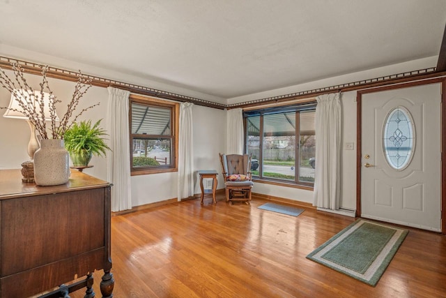 entryway with baseboards and wood finished floors