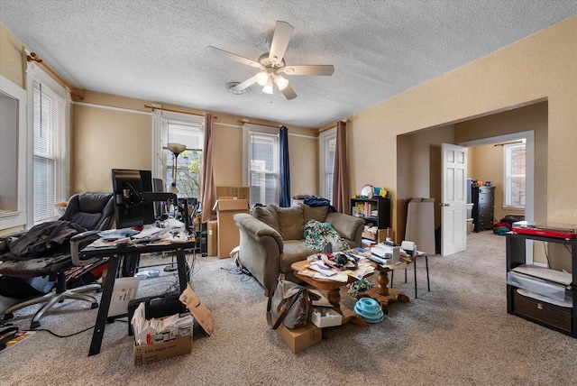 1932 N Warren Ave Unit 1934, Milwaukee, WI 53202 - carpeted living room featuring a ceiling fan, a textured ceiling, and a wealth of natural light