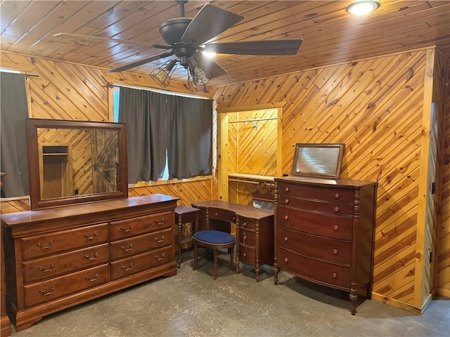 8523 Lakeside Rd, Trego, WI 54888 - office area with wood walls, ceiling fan, wooden ceiling, and unfinished concrete flooring