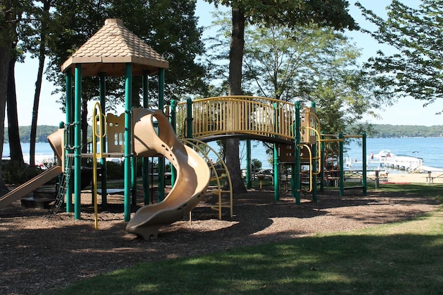 community jungle gym with a water view