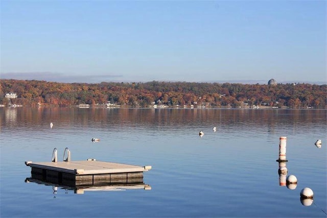 view of dock with a forest view and a water view