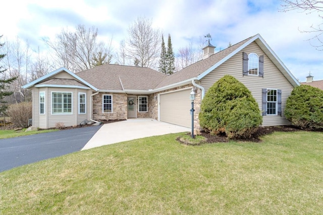 single story home featuring driveway, a chimney, roof with shingles, and a garage