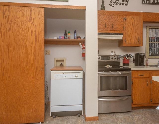 kitchen with brown cabinetry, light countertops, stainless steel electric range, under cabinet range hood, and dishwasher