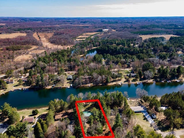 birds eye view of property featuring a water view and a forest view