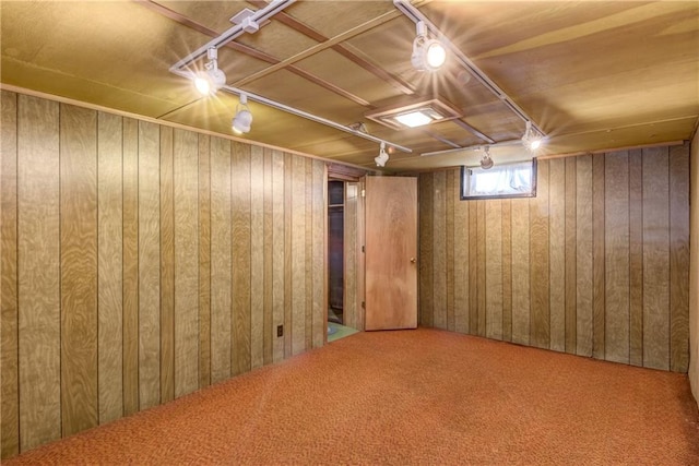 basement featuring wood walls, track lighting, and carpet