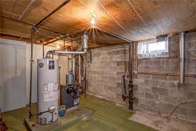 below grade area with water heater, electric panel, and a heating unit