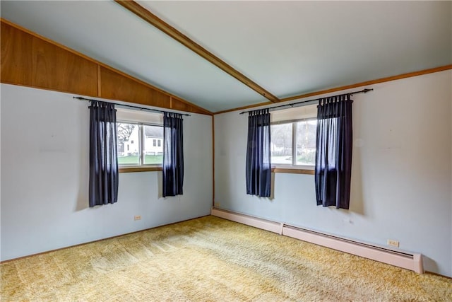 carpeted spare room with plenty of natural light, lofted ceiling, and a baseboard radiator